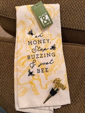 Place & Time 'Oh Honey, Stop Buzzing' Bee Kitchen Towel - Cheers bottle topper